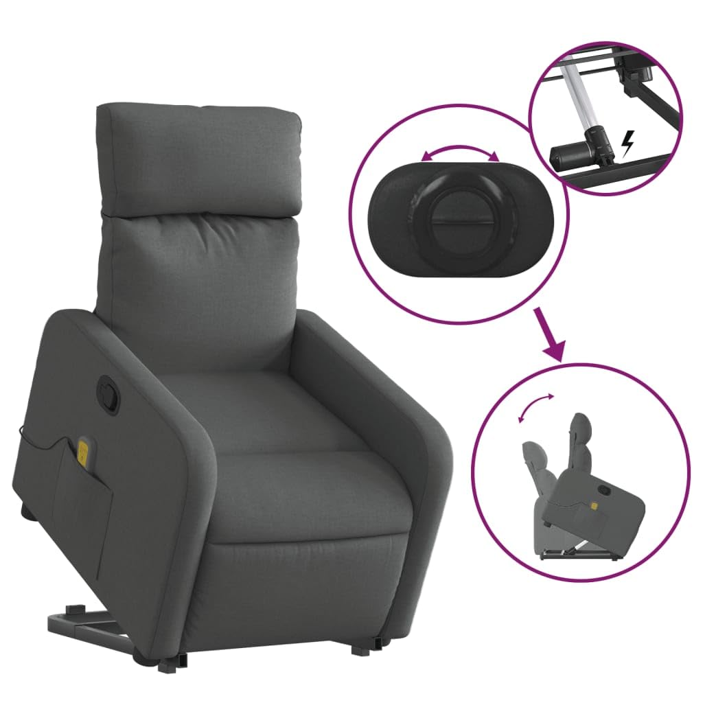 IKAYAA Sillón Reclinable de Masaje Con Función Auto-Ayuda (Levanta Personas), Relax Eléctrico, Tela, Gris Oscuro