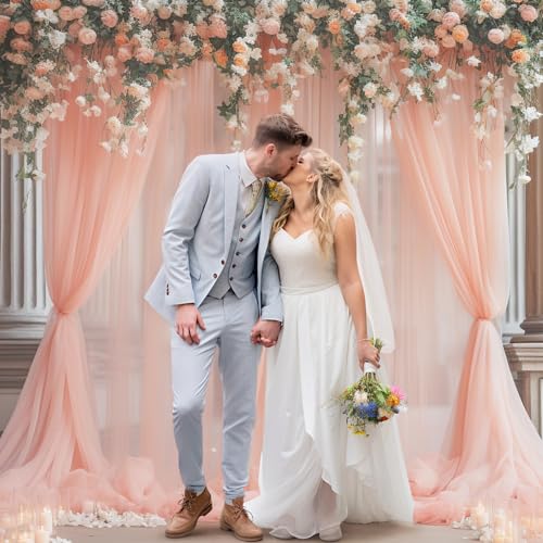 10x10ft Peach Tulle Backdrop Curtain for Parites, Sheer Backdrop Curtains for Wedding Baby Shower Birthday Party Photo Shoot Decorations