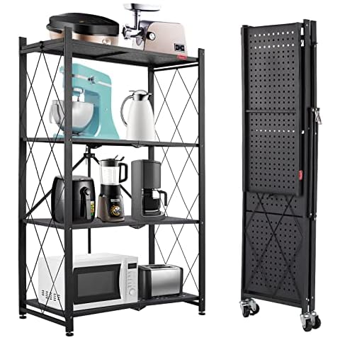 DEANIC 4 Etagen Schwerlastregal Bis Zu 270 KG, Klappbares Küchenregal mit Rollen, 71 x 36 x 127cm Metallregal Schwarz, Küchenregal Standregal Lagerregal Küche Keller Kostenlose Installation Cover
