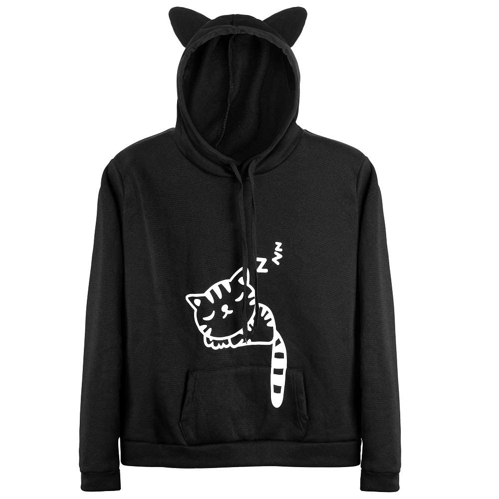 RGOSMEWomen Teen Girls Hoodie Sweatshirt With Cute Cat Ear and Sleeping Cat Printed Pullover