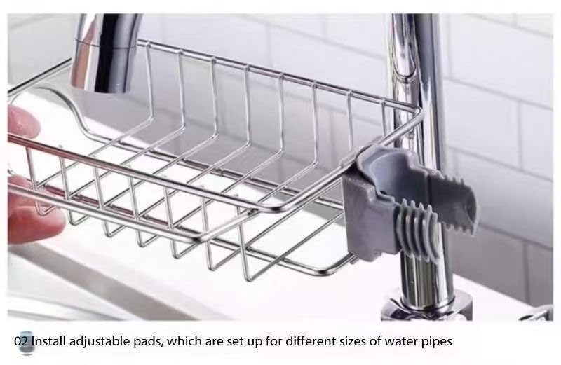 Soporte de esponja sobre el fregadero de la cocina, de acero inoxidable, desmontable para colgar grifo, organizador de drenaje para cocina y baño, soporte de esponja para fregadero 7