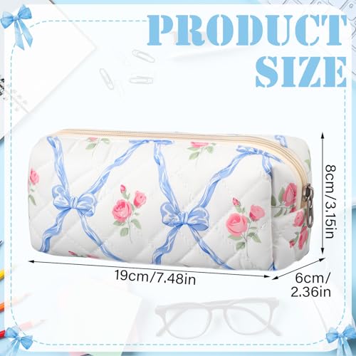 Image of Sherr Coquette Bow Pencil Case Blue Floral Bow Cute Pencil Pouch Soft Cotton Storage Bag Aesthetic Pattern Gift Makeup Pouch Cosmetic Bag for Women Adults