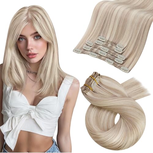 Image of Moresoo Blonde Highlight Clip in Hair Extensions Human Hair Ash Blonde with Bleach Blond Remy Real Human Hair Extensions Clip ins Short for Women Double Weft 80g /5pcs 14 inch