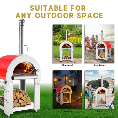 Image of Empava 32.5 inch Wood Fired Pizza Oven Grill with Stand and Wheels,for Outdoor Camping, Backyard, Garden,Patio, in Stainless Steel, Red