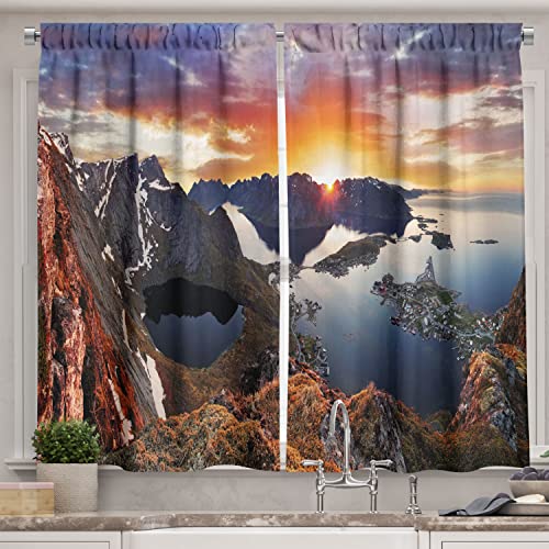 Ambesonne Modern Kitchen Curtains, Aerial View of Mountain Range with Creek Northern Horizon Idyllic Artwork, Window Drapes 2 Panel Set for Kitchen Cafe Decor, 55