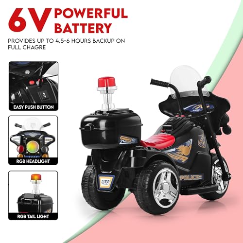 Image of BabyGo Electric Bike for Kids | Police Bike | Music | LED Lights | Storage Box | Rechargeable 6V Battery, 60+ Minutes Playtime | Ride on Bike for Boys and Girls 1-4years | Black