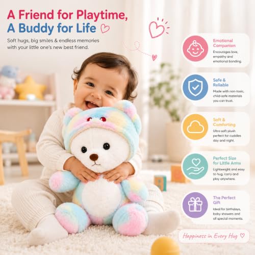 Image of VanityX Soft Plush Teddy Bear with Cute Hoodie, Rainbow Stuffed Animal Toy for Kids, Baby Teddy Bear, Hugging Plush Doll, Birthday Gift for Girls & Boys, Home Decor (40 cm, Rainbow Color)