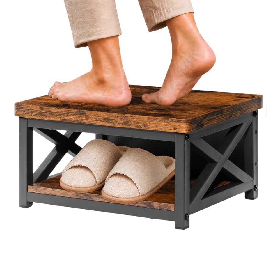 Wooden Step Stool for Bed 8 Inch Bedside Stool with Storage Rustic Brown