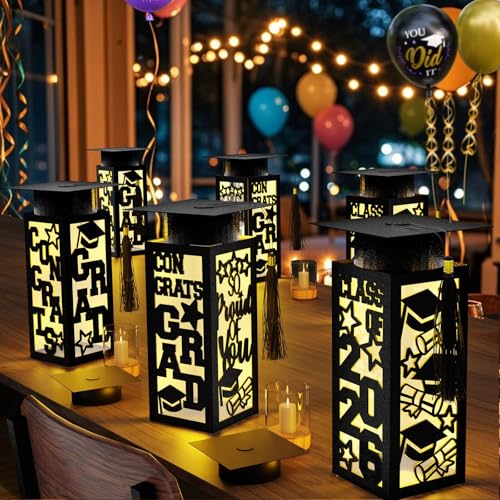 6 Pcs Graduation Table Centerpieces Boxes Class of 2026 Graduation Paper Lanterns Boxes with LED Hollow Out Black for Congrats Grad School College Table Decorations Grad Party Photo Props