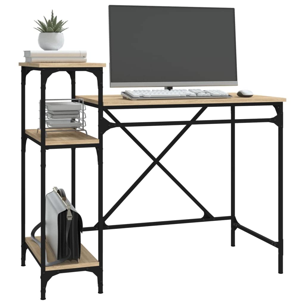 Scrivania con ripiani Quercia 105x50x90cm Legno Ingegneria E Ferro | 3 ripiani portaoggetti, grande superficie di lavoro, stile industriale, telaio in ferro stabile, per ufficio o casa
