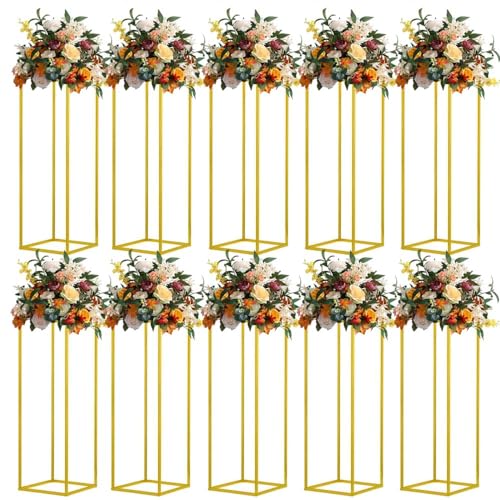 Image of 31.5inch 10pcs Gold Wedding Cenerpiece Flower vase, Metal Column Flower Stand, Tall Geometric Centerpieces Vase for Table, Party Wedding Decorations Flower Rack