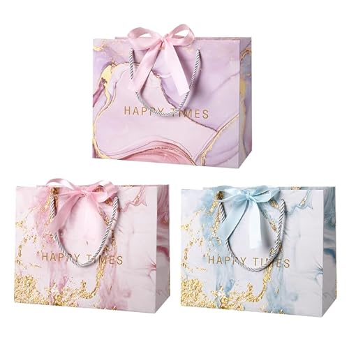 Newofview 3 Stück Geschenktüten, 25x20x12cm Geschenktasche, Geschenktüte mit Henkel und Schleifenbändern, Papiertüten Partytüten Geschenk Tüten für Geburtstag, Weihnachten, Hochzeit, Neujahr