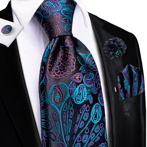 Image of Hi-Tie Men's Tie Lapel Pin Set Pocket Square Cufflinks Formal Woven Silk Tie Sets Wedding Party