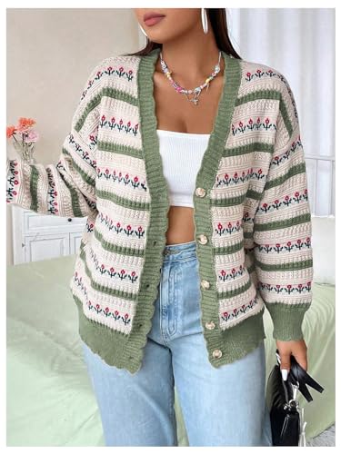 Women's Plus Size Floral Striped Cardigan Sweaters Button Down Long Sleeve Knit Outerwear4