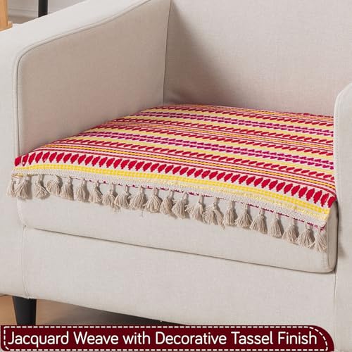 Image of HOKIPO 'Artisan Boho Series' 1 Seater Sofa Cover Mat | 450 GSM Cotton Acrylic Jacquard with Tassel, Ruby Red (IN-901-A6*S)