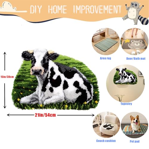 Image of EMISTEM Latch Hook Kits for Adults - DIY Latch Hook Rug Kits, Crochet Kit for Beginners, Rug Making Kits with Printed Canvas, Gift Packaging. (Cow,21x16 inch)