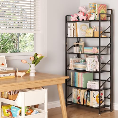 Image of JSB No Assembly Folding Bookshelf, 6 Tier Industrial Metal Book Shelf for Storage, Vintage Wood Foldable Bookcase for Living Room, Bedroom, Office Organization Shelves
