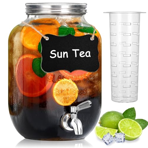 Comparison: Best Sun Tea Jar 10 1 Gallon Glass Drink Dispensers for Parties, Large Beverage and Water Dispenser, Lemonade Dispenser, Sun Tea Glass Jar for Outside, With a Fruit Infuser, One Stainless Steel Spigot Included