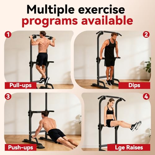 Image of WATBKHE Power Tower Pull Up Dip Station Foldable, Pull Up Bar Station Adjustable, Multi-Function Home Gym, Strength Training Fitness Equipment, Triangular Design, for Home Outdoor