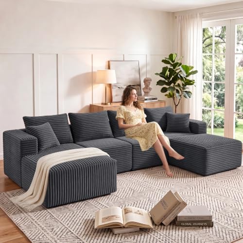 Image of 118 inch U-Shaped Modular Sectional Sofa, Corduroy Cloud Couch with Chaise & Ottoman, Oversized Deep Seat Boneless Couches for Living Room, No Need Assembly - Grey (Left Facing Chaise)