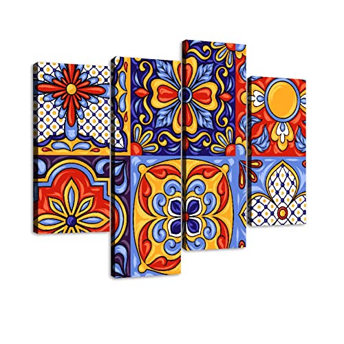 Mexican Talavera Ceramic Tile Pattern Canvas Wall Art Hanging Paintings Mexican Ceramic Home Decor Modern Ethnic Folk Ornament Artwork Abstract Wall Decor For Home Gift Framed 4 Panel #TOP4