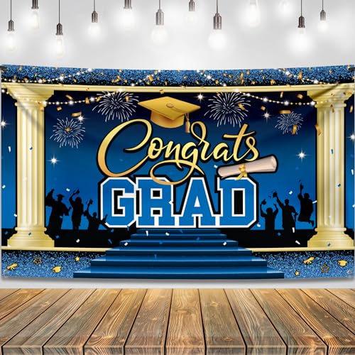 Image of KatchOn, XtraLarge Blue Congrats Grad Banner - 72x44 Inch, 2026 Graduation Backdrop | Blue Grad Banner Class of 2026 Grad Party Decorations, Graduation Decorations 2026