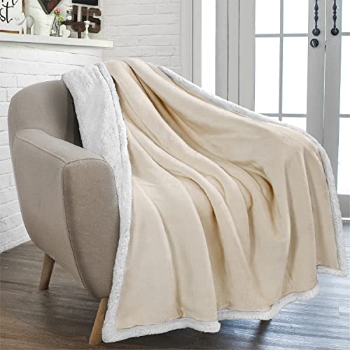 PAVILIA Sherpa Fleece Throw Blanket for Couch Cream Beige Plush Soft Fuzzy Sofa Blanket Cozy Reversible Winter Throw for Women Men 50x60 Inches
