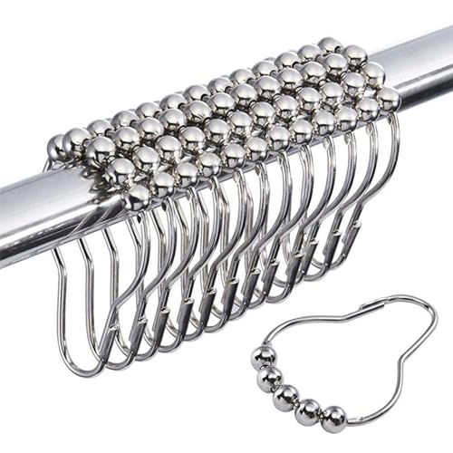 12 Ganchos para Cortina de Ducha, Anillos de Cortina de Ducha de Acero Inoxidable Plateado con Bolas rodantes, Resistente al óxido, Cierre Resistente, Adecuado para baños estándar