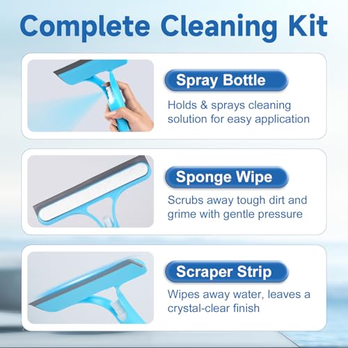 3 in 1 Window Cleaning Scraper, 2025 Upgraded Window Squeegee for Home with Sprayer,Sponge Wipe,Scraper, Bathroom Shower Squeegee for Glass Doors, Mirrors, Tile Shower Walls, Car Windows, Countertop