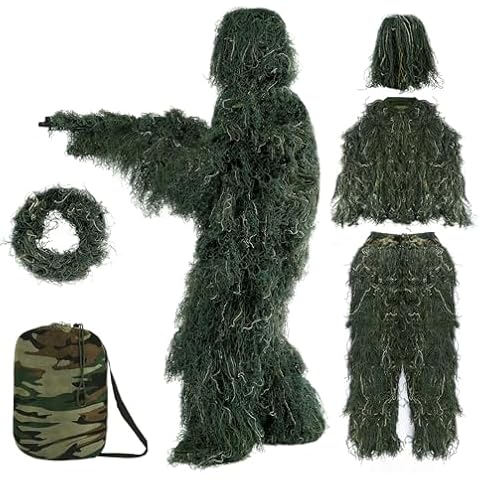 5 in 1 Ghillie Suit Outdoor 3D Hunting Apparel Including Jacket Pants Hood Carry Bag Suitable for Unisex Adults Jungle Woodland Hunting Shooting (M(4.9-5.9ft), Forest Green Woodland) Cover