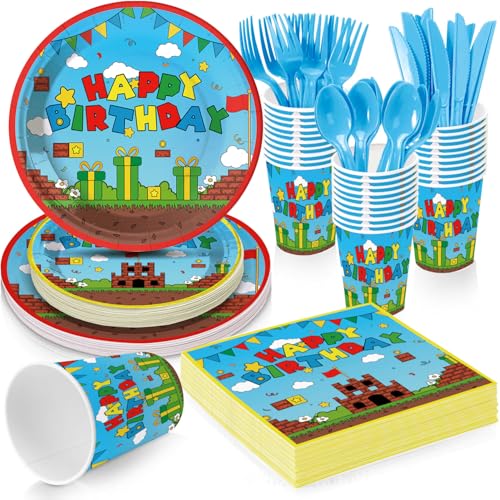 Retro Brother Video Games Themed Party Supplies for Kids Birthday Celebration Cartoon Brothers Party Decorations Disposable Tableware Set With Plates Cups Napkins & Cutlery For 20 Guests