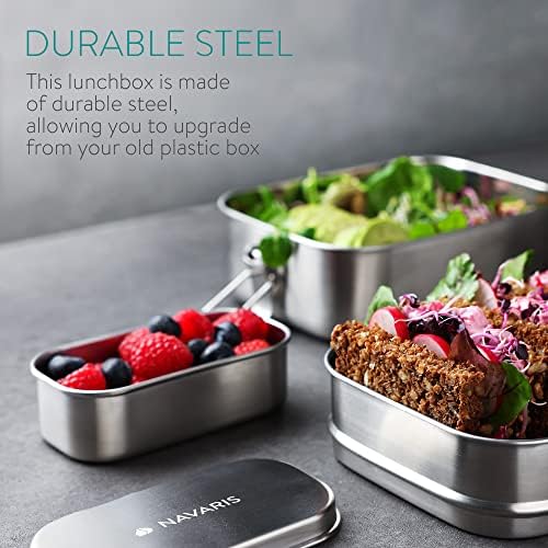 Navaris Large Steel Lunch Box - 2 Tier Stainless Steel Sandwich, Snack, Lunch, Food Storage Container - Bento Box with Bag