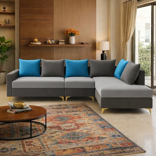 Image of FURNY Gloriss 6 Seater Fabric RHS L Shape Sofa Set with Multi-Color Aqua Blue Cushions (Light Grey-Dark Grey) Premium Velvet Finish with Golden Legs | Ideal for Living Room, Offices