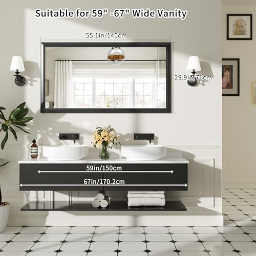 Image of 30x55 Inch Black Framed Bathroom Mirrors for Over Sink | Wall Mirrors for Bathroom Sink, Bathroom Vanity Mirror, Rectangle Farmhouse Mirror, Bedroom, Living Room, Entryway