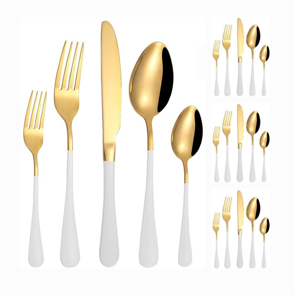 Moderno E Minimalista Allargamento Appiattimento Maniglia Cucina Acciaio Inossidabile Posate Stoviglie Posate Set Coltello Da Bistecca Forchetta Cucchiaio Cucchiaino (Oro bianco,20 pezzi)