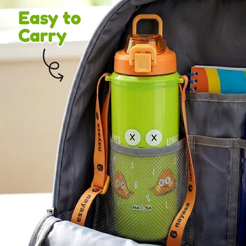 Image of Nayasa Kiddy Duo-Sip Insulated Inner Steel Kids Water Bottle 700-635ml | Dual Drinking Options | BPA-Free & Food Safe | Wriggly Jiggly Print | With Strap, Carry Handle - Green