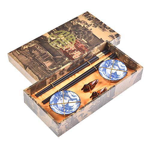 Quantum Abacus Précieux Set de Baguettes Chance d'or et Pagode Bleue en Bois sculpté avec 2 Paires de Baguettes, 2 Supports, 2 Bols en céramique, dans Une boîte Cadeau, Mod. I_S2-B-W-10