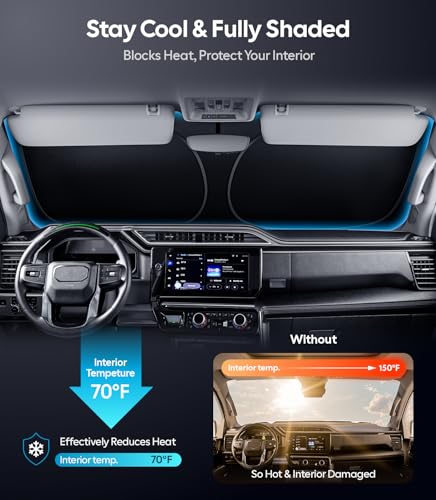 Image of Wigoo for GMC Sierra 1500 /2500 /3500 Windshield Sunshade [OEM Design, 100% Sun Blockage] Foldable Heat Insulation Sun Shade with Storage Bag, for GMC Sierra 1500 /2500 /3500 (2019-2026), Silver Coating