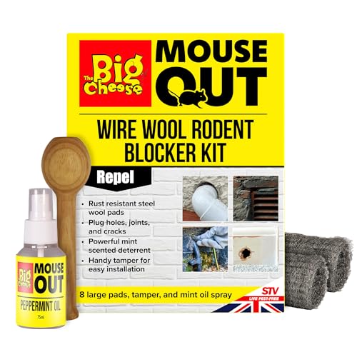 The Big Cheese Mouse Out Wire Wool Rodent Blocker Kit Steel Wool Pads Wooden Tamper & Peppermint Oil Spray Blocks Holes Gaps & Entry Points Poison-Free Mouse & Rat Prevention