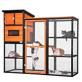 PETSFIT Large Catio Outdoor Cat Enclosure with Waterproof PVC Roof, 4 Larger Platforms and 2 Private Resting Rooms, Orange Large Cat Catio Outdoor, Spacious Shelter for Cats,Kitties & Small Animal