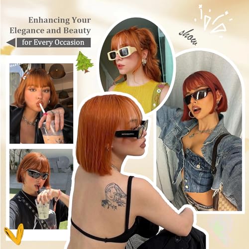 Image of Farblick Ginger Bob Wig Human Hair With Bangs Wear and go Glueless Wig Human Hair 12inch Straight Wig 180% Density Ginger wig with bangs for Women