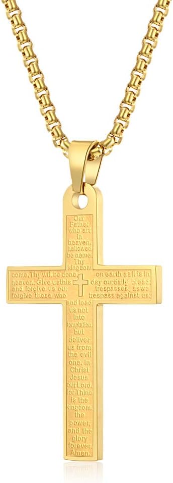 Men Cross Necklace,Stainless Steel Silver/Gold/Black Prayer Pendant Necklace Faithful Jewelry，60cm Rolo Chain