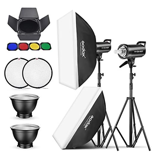 Godox 2 Pack SK400II 800Ws Photo Speedlite Studio Flash Strobe Monolight Bowens Mount Kit for Studio Shooting,Video Location and Portrait Photography with Softbox,Light Stand,Barn Door Kit,Reflector