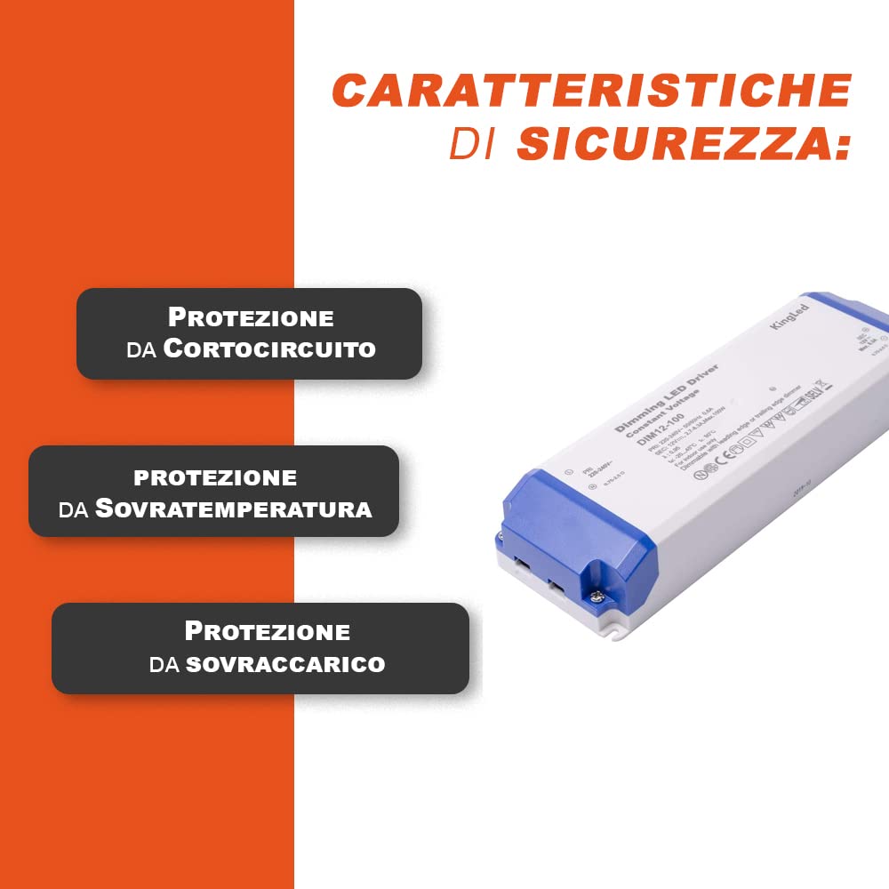 Kingled - Alimentatore 100W DC 12V 8.3A per Strisce Led - Trasformatore Dimmerabile - DIMM12-100 TRIAC