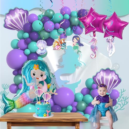 Image of Rozi Decoration Mermaid Theme Balloons for Birthday Set - 96 Pcs Hanging Swirls, Cake Topper, Foil & Latex Balloons Kit | Mermaid Theme Birthday Decorations