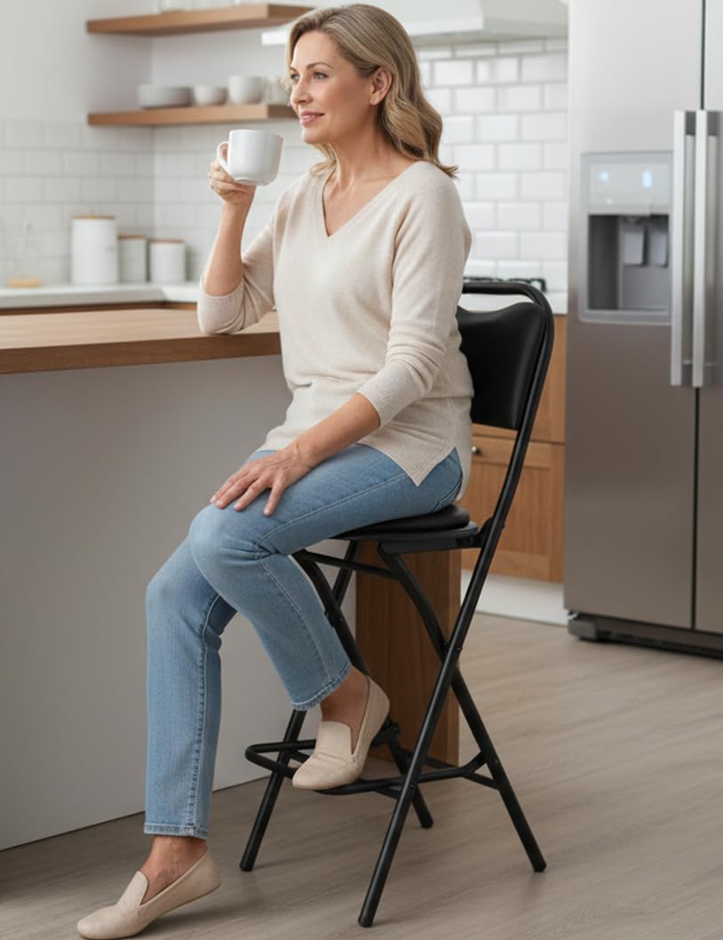 CSS® Premium Folding Kitchen & Stool Chair – 25 Inch Seat Height, Ergonomic Padded Seat, 100kg Capacity, Lightweight 4.5 kg, No Assembly, Space-Saving – Ideal for Kitchen, Bar, Living Room (Black)
