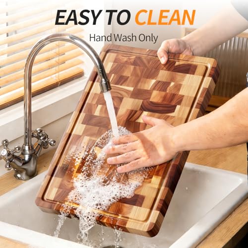 Tabla de Cortar de Madera de Acacia para Cocina, Tabla Grande de Madera Maciza con Ranuras y Asas, para Carnes, Verduras y Frutas, 38,0 cm x 26,0 cm x 2,2 cm miniatura 6
