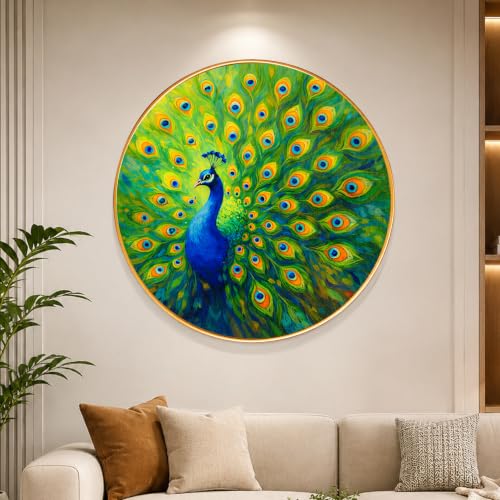 Image of PAINTINGMANTRA Peacock Round Wall Art Painting With Frame For Living Room| Vastu-Inspired Wall Art Framed Painting | Round Artistic Wall Hanging for Home, Bedroom, Office & Gifting, 23 Inch