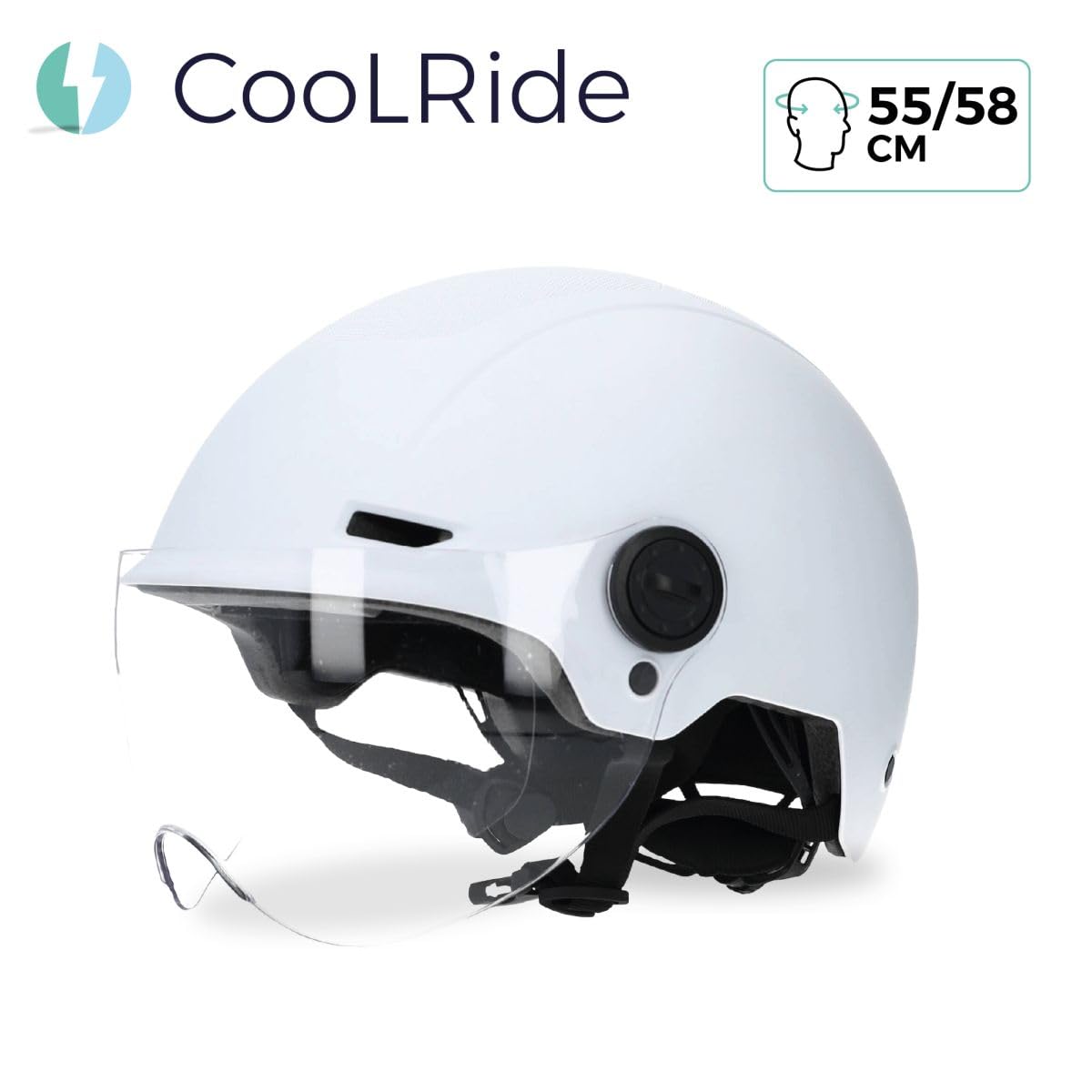 CoolRide - Casco urbano de moda con visera ajustable y headlock de 55-58 cm, color blanco, 6 ventilaciones, carcasa ABS resistente, certificado CE en 1078, confort óptimo, para bicicleta, patinete