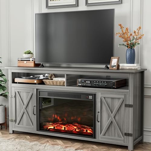 YESHOMY Fireplace TV Stand for Television up to 65+ Inch with Storage and Farmhouse Barn Doors, Entertainment Center with Cabinet and Shelves, Media Console for Living Room, Gray Wash